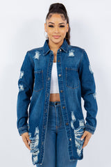 American Bazi Distressed Button Up Long Sleeve Denim Jacket - Trendsi