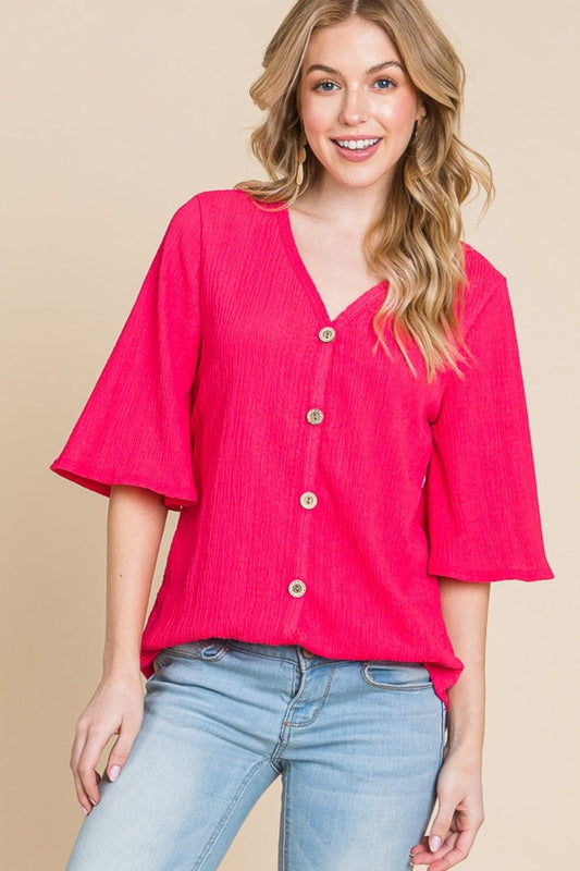 BOMBOM Texture Decorative Button V-Neck Top - Trendsi