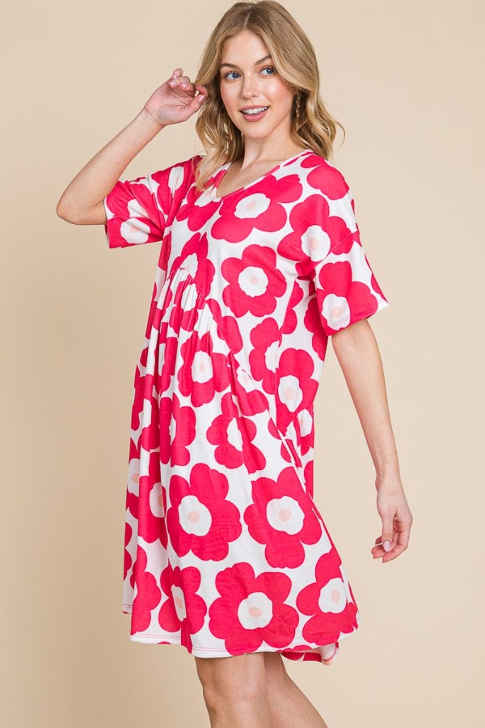 BOMBOM Flower Print Ruched Dress - Trendsi