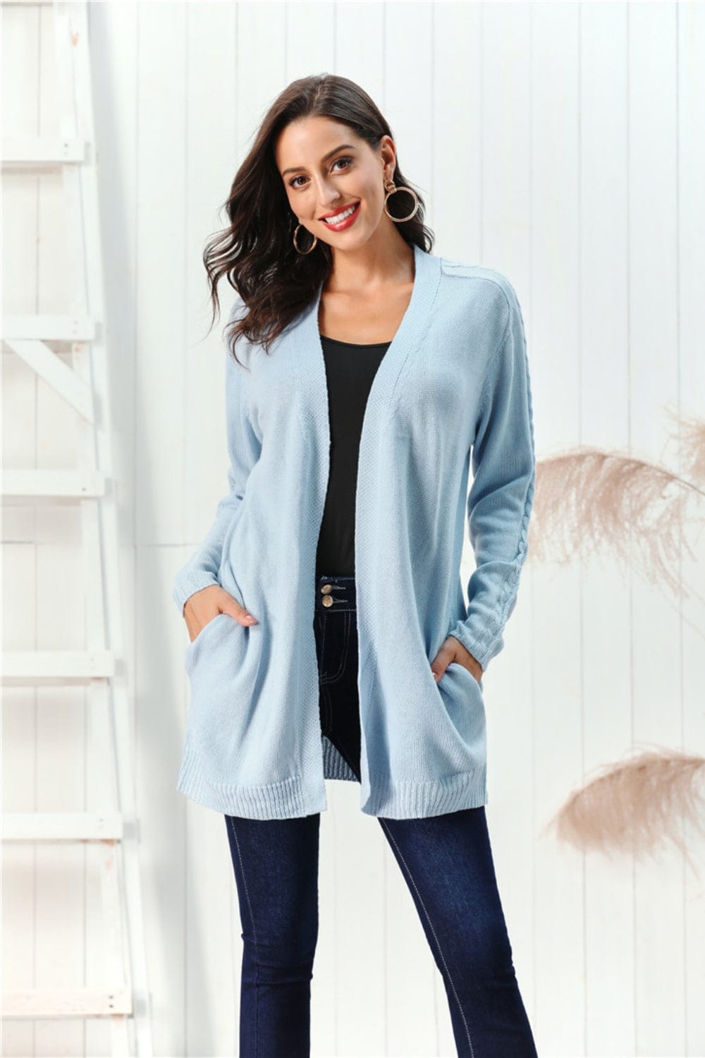 Cable-Knit Open Front Long Sleeve Cardigan - Trendsi