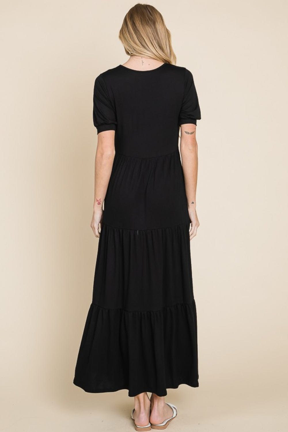 BOMBOM Short Sleeve Tiered Maxi Dress - Trendsi