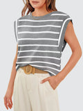 Striped Round Neck Cap Sleeve T-Shirt - Flyclothing LLC