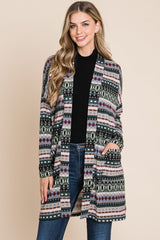 BOMBOM Geometric Open Front Long Sleeve Cardigan with Pockets - Trendsi