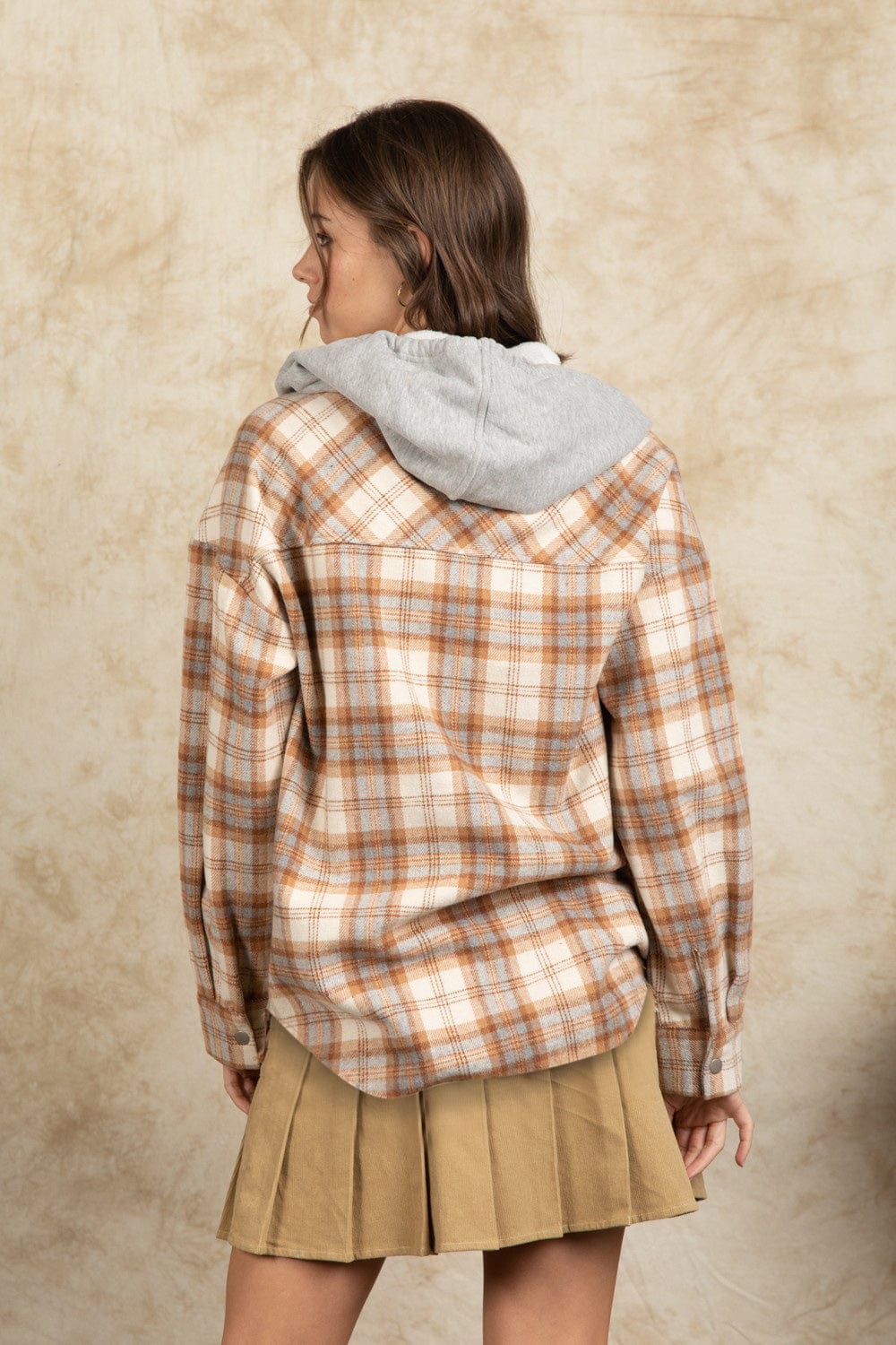 Drawstring Plaid Long Sleeve Hooded Jacket - Trendsi