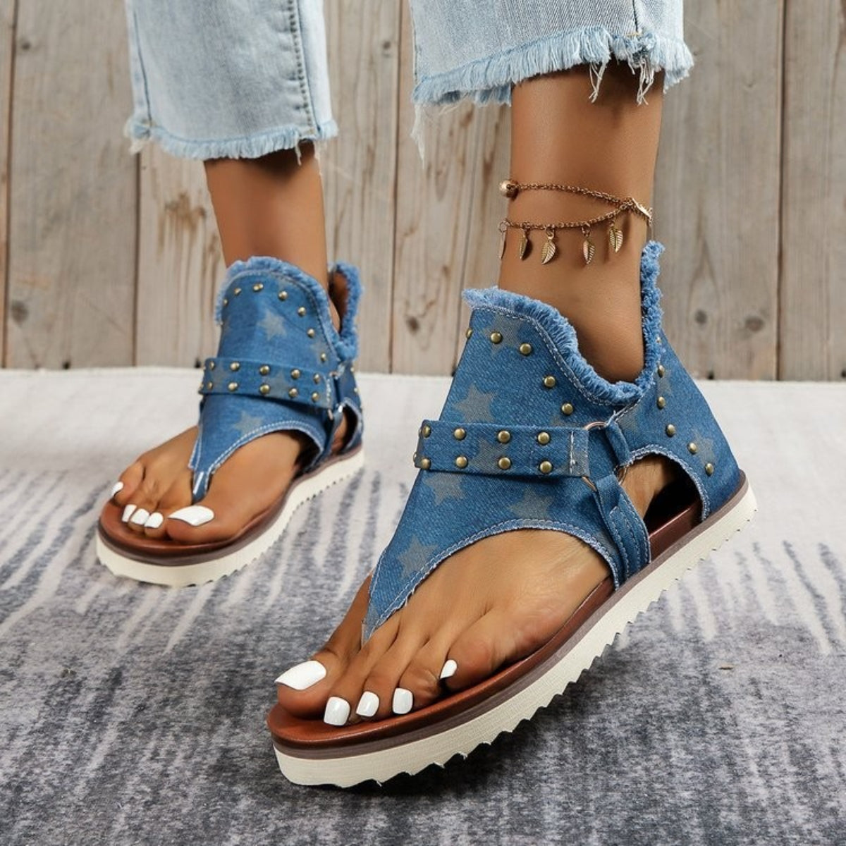 Studded Raw Hem Flat Sandals Trendsi