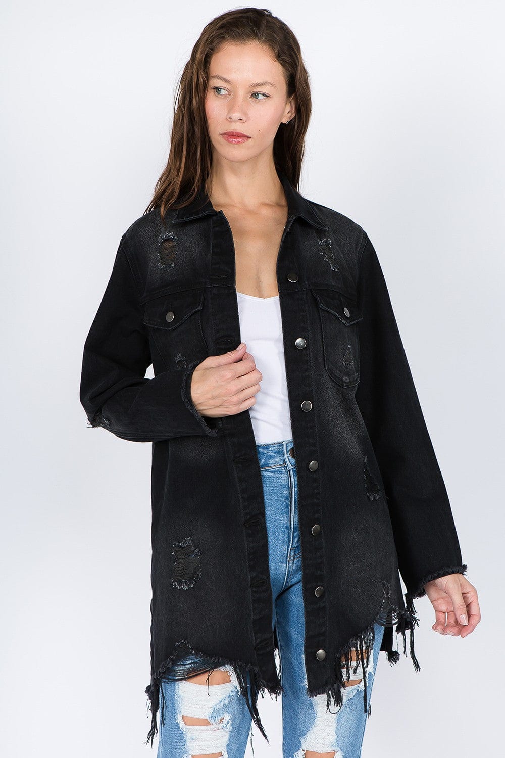 American Bazi Distressed Frayed Hem Denim Jacket - Trendsi