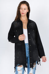 American Bazi Distressed Frayed Hem Denim Jacket - Trendsi