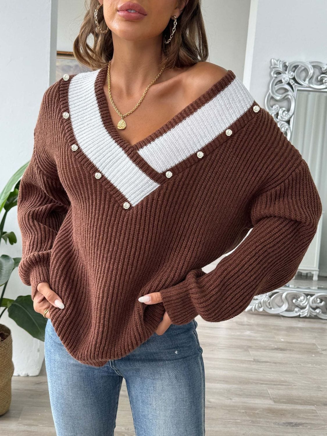 Contrast Trim Dropped Shoulder Long Sleeve Sweater - Trendsi