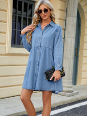 Tiered Button Up Long Sleeve Denim Dress