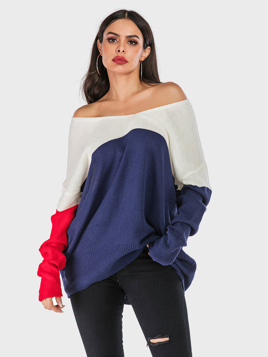 Blusa de punto de manga larga con escote en V y contraste Perfee