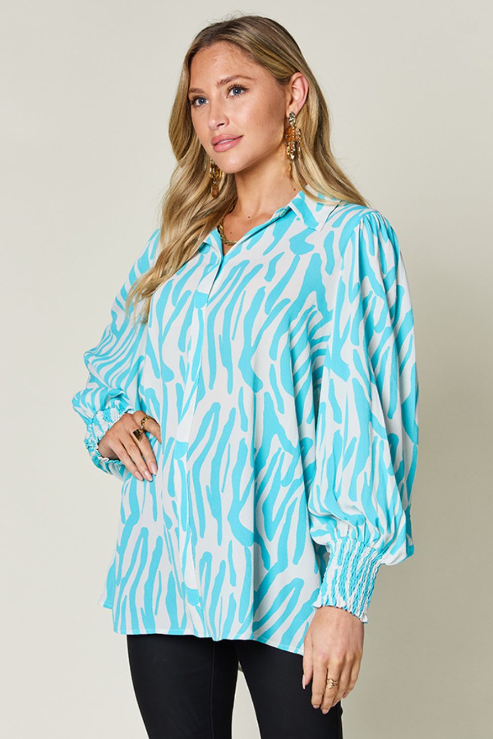 Double Take Full Size Printed Smocked Long Sleeve Blouse - Flyclothing LLC