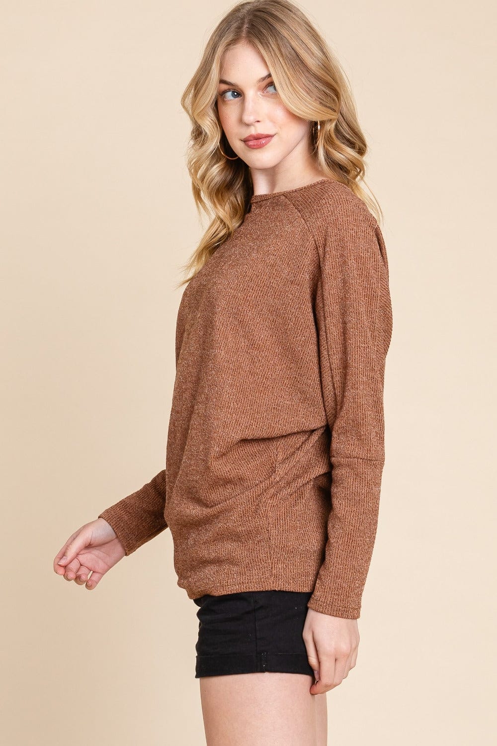 BOMBOM Drop Shoulder Long Sleeve Knit Top - Trendsi