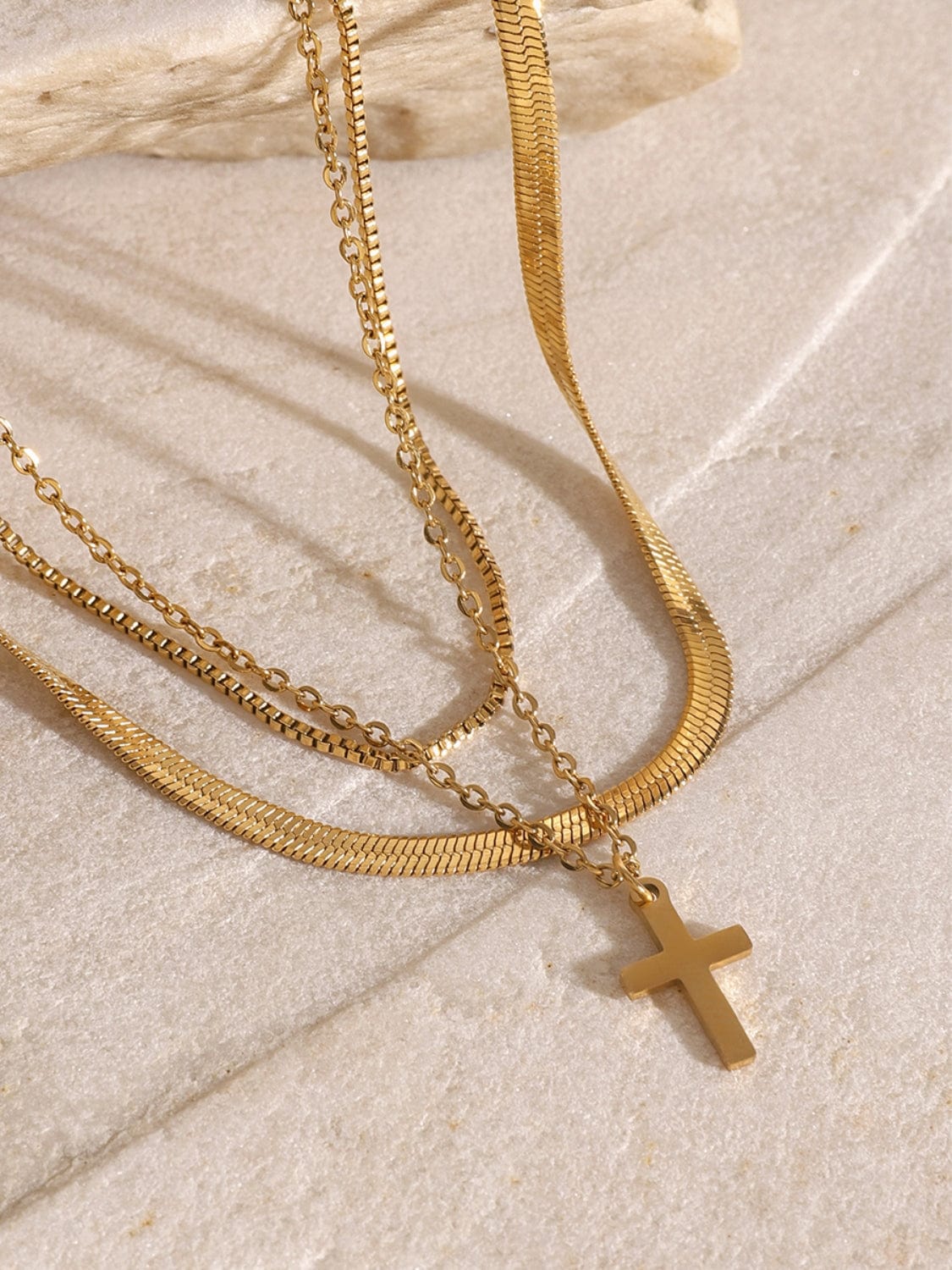 18K Gold-Plated Three-Layered Cross Necklace - Trendsi