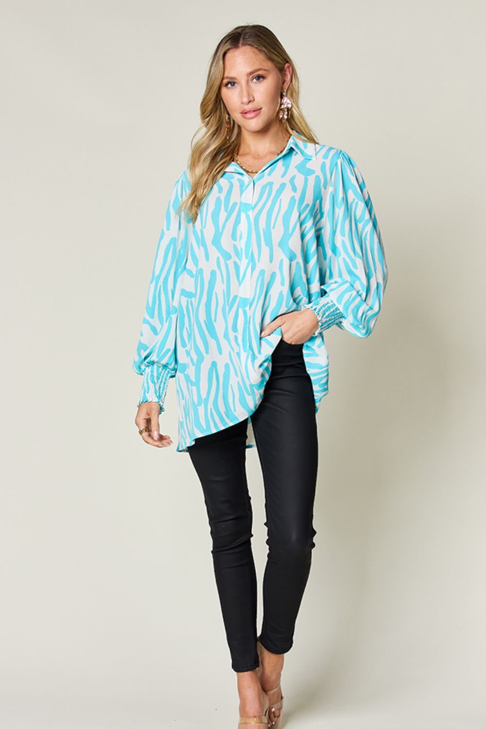 Double Take Full Size Printed Smocked Long Sleeve Blouse - Flyclothing LLC