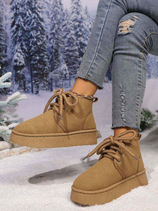 Lace Up Round Neck Platform Suede Boots - Trendsi