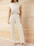 Round Neck Cap Sleeve Top and Pants Knit Set Trendsi