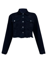 Distressed Collared Neck Long Sleeve Denim Top