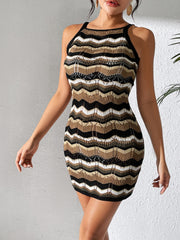 Openwork Striped Spaghetti Strap Knit Dress Trendsi