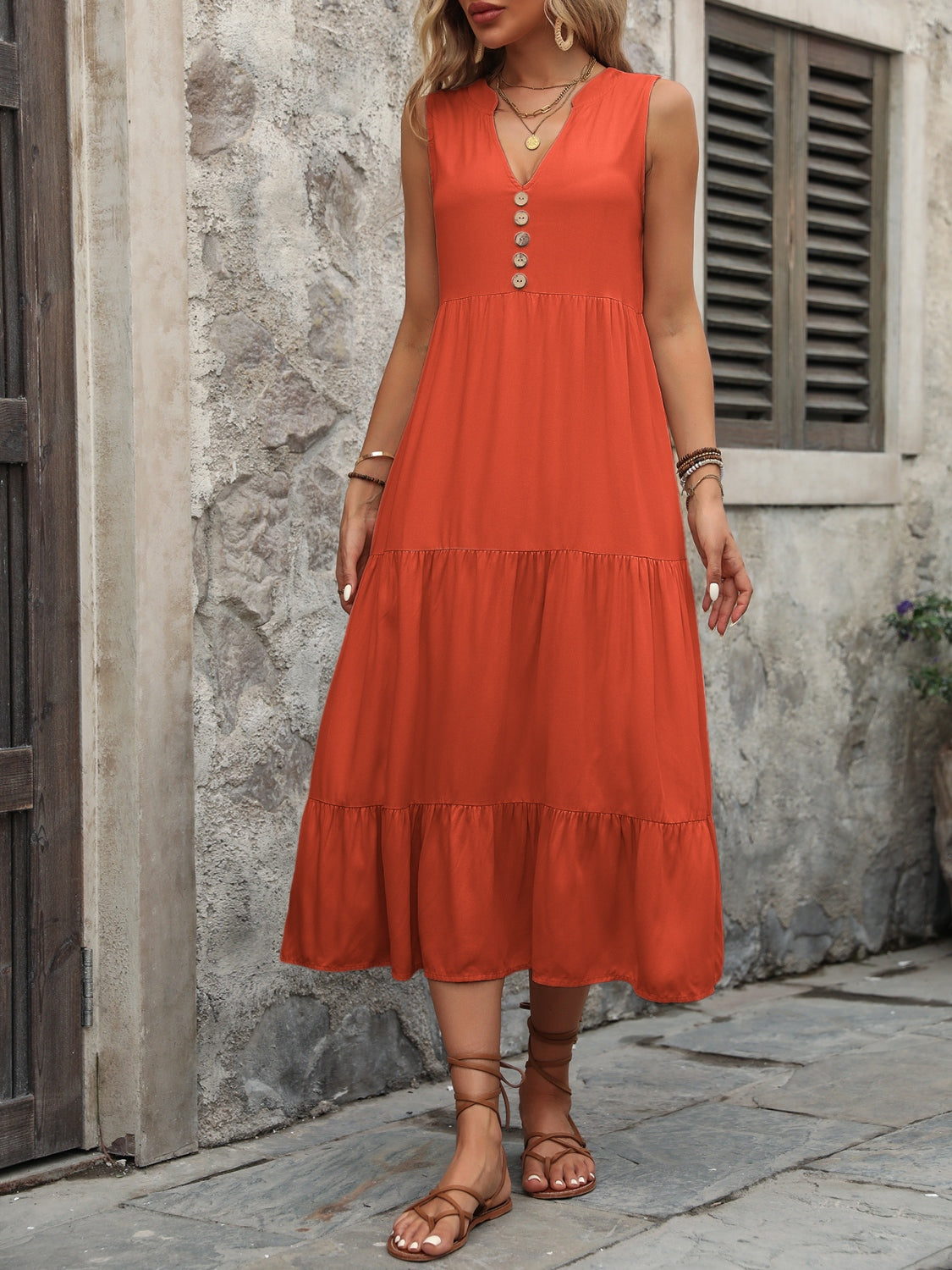 Decorative Button Notched Sleeveless Dress Trendsi