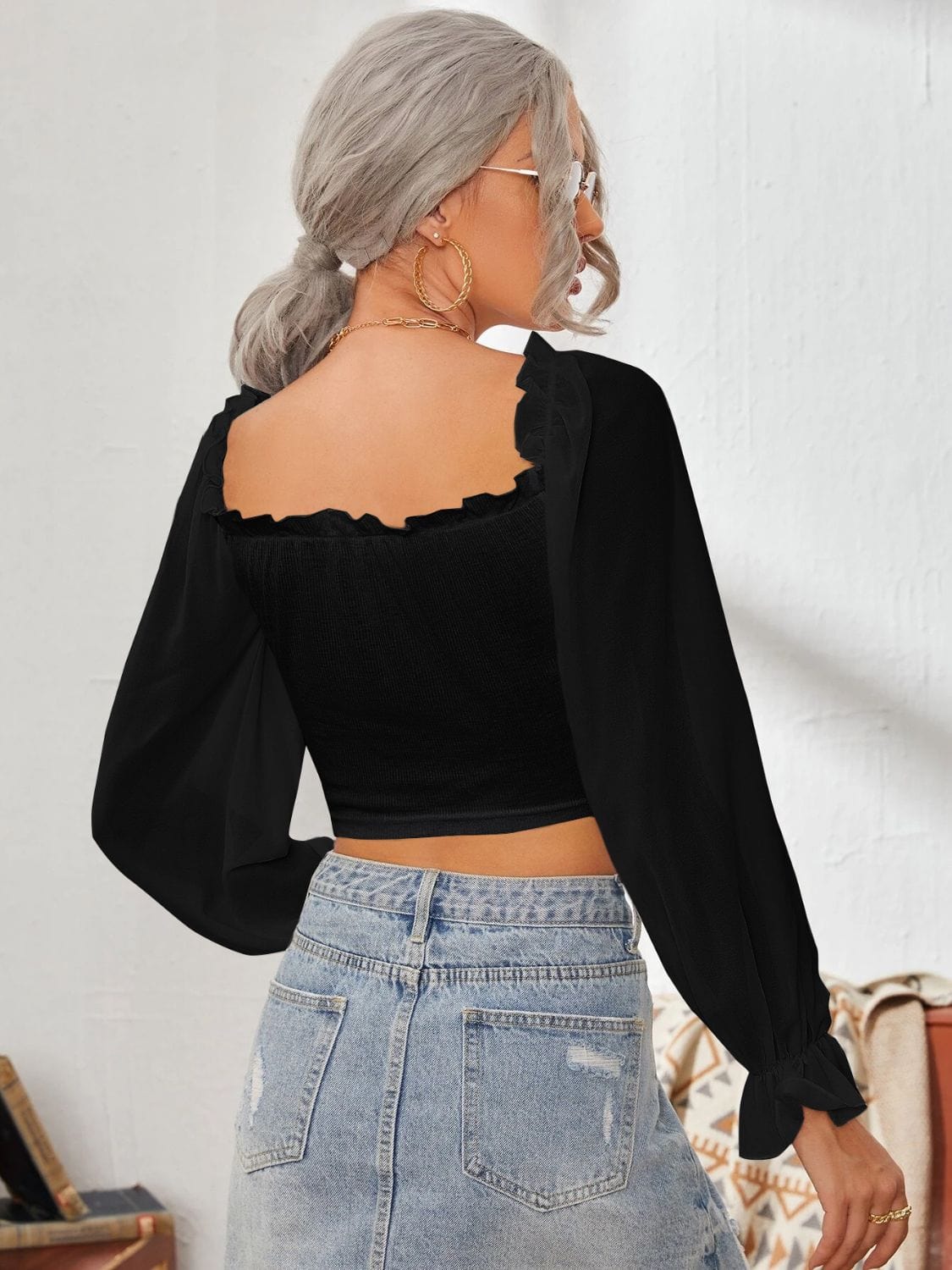 Mesh Sweetheart Neck Flounce Sleeve Top - Trendsi