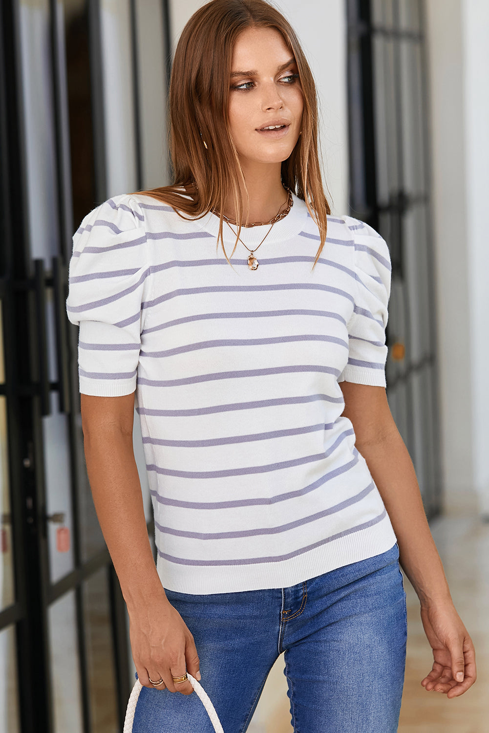 Striped Round Neck Puff Sleeve Knit Top - Flyclothing LLC