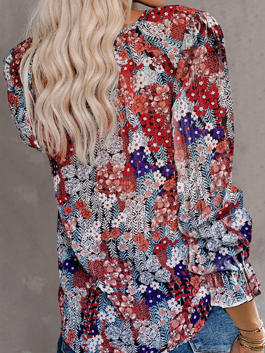 Printed Tie Neck Long Sleeve Blouse - Flyclothing LLC