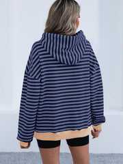 Drawstring Striped Long Sleeve Hoodie - Trendsi