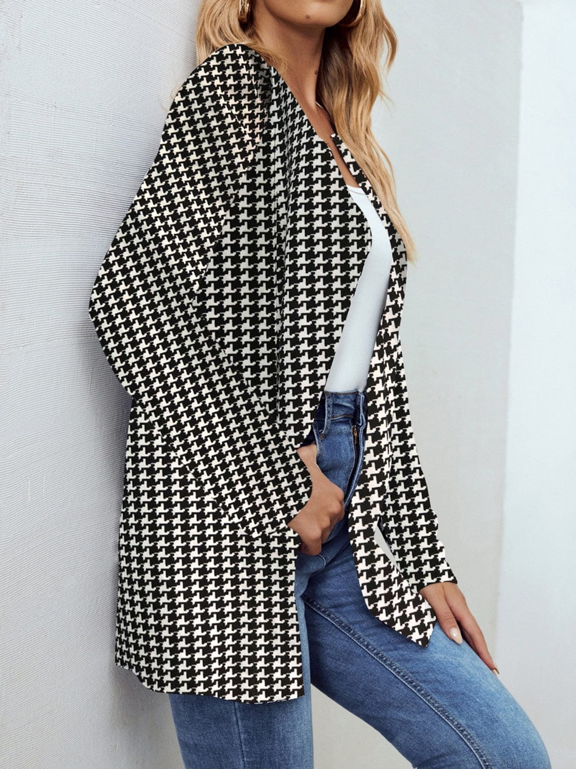 Houndstooth Open Front Long Sleeve Jacket - Trendsi