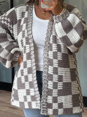 Checkered Open Front Long Sleeve Cardigan - Trendsi