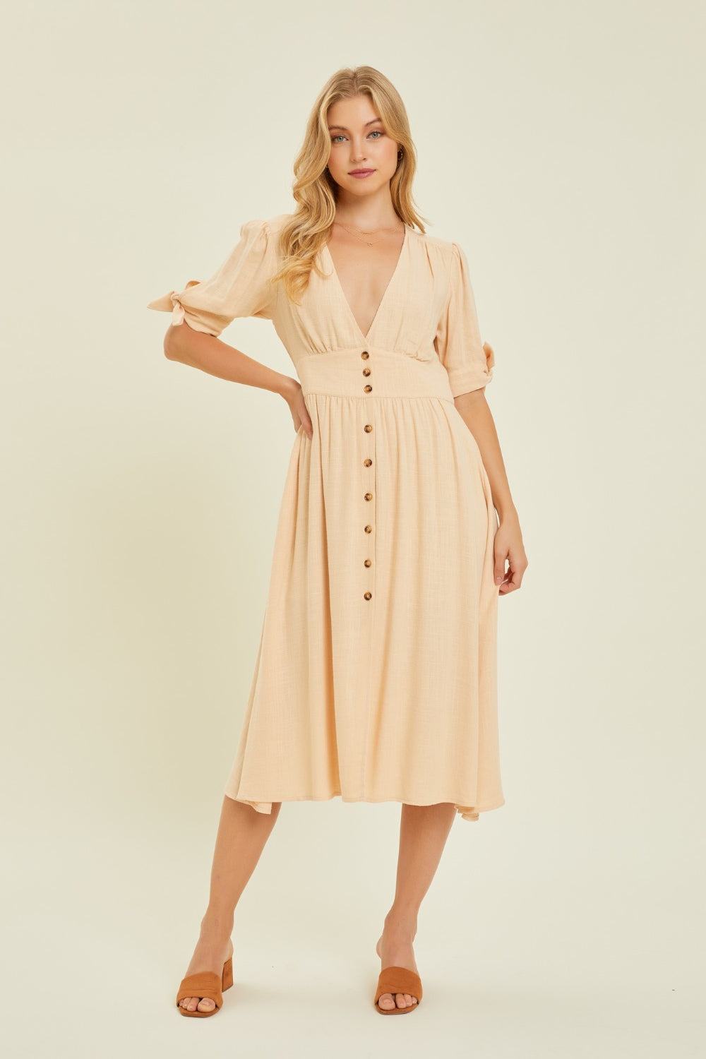 HEYSON Full Size Textured Linen V-Neck Button-Down Midi Dress - Flyclothing LLC