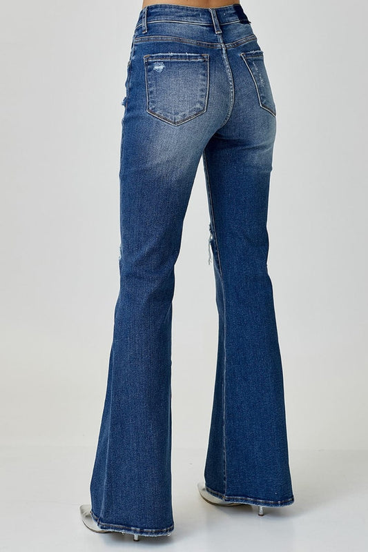 RISEN Distressed Button-Fly Flare Jeans - Trendsi