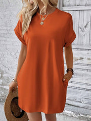 Pocketed Round Neck Short Sleeve Dress - Flyclothing LLC