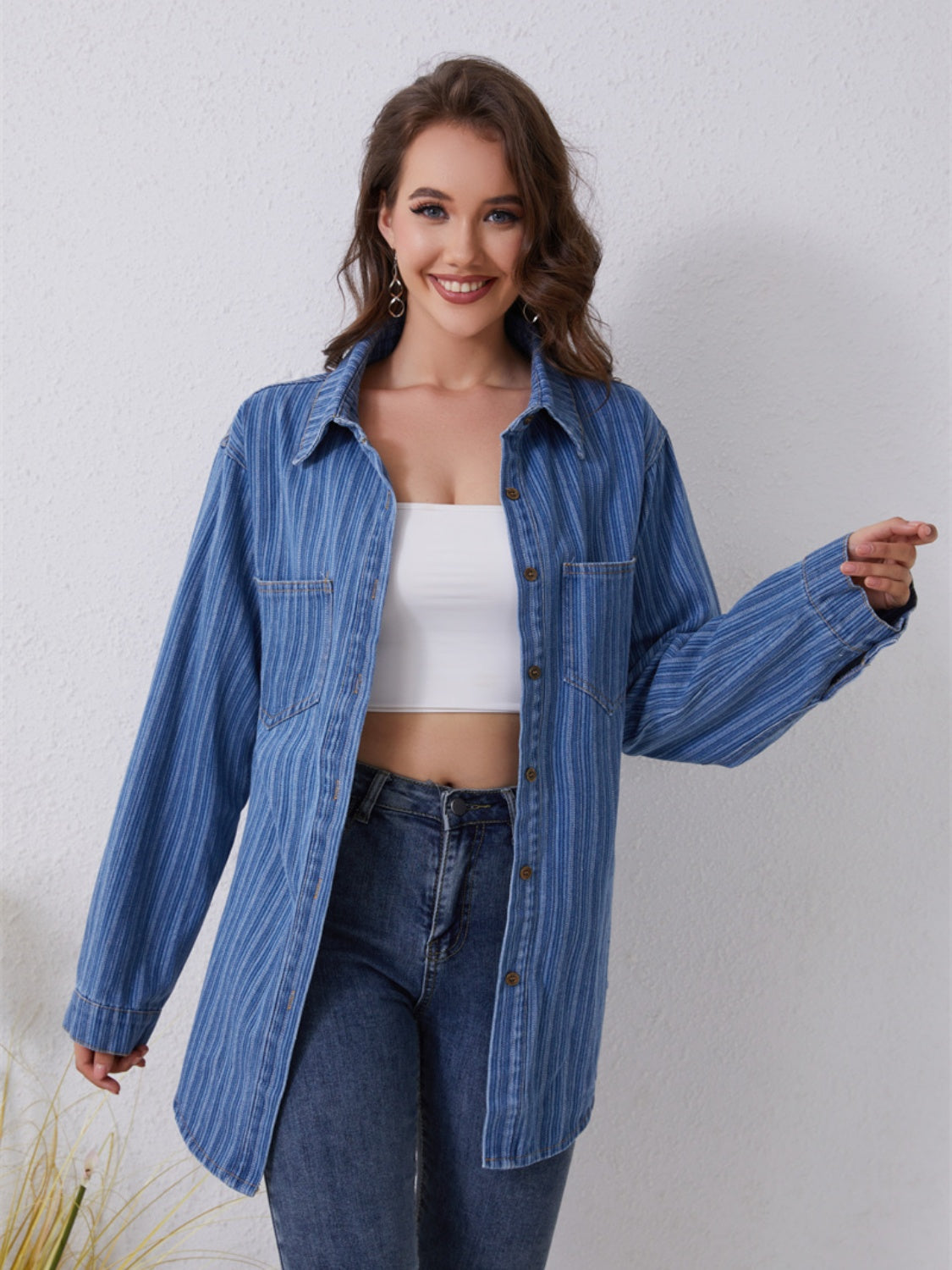 Pocketed Striped Button Up Denim Shirt - Flyclothing LLC