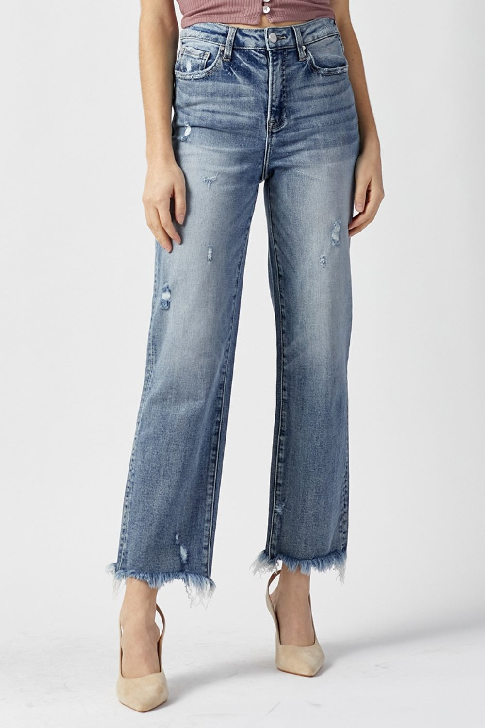 RISEN High Waist Raw Hem Straight Jeans - Flyclothing LLC