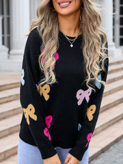 Bow Graphic Round Neck Long Sleeve Sweater - Trendsi