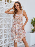 Printed Square Neck Tie Shoulder Dress - Flyclothing LLC