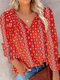 Printed Tie Neck Long Sleeve Blouse - Flyclothing LLC