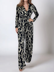 Full Size Leopard Tie Waist Long Sleeve Jumpsuit Plus Size