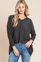 BOMBOM Checkered Long Sleeve V-Neck T-Shirt - Trendsi