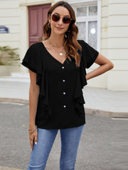 Ruffled V-Neck Short Sleeve Top Trendsi