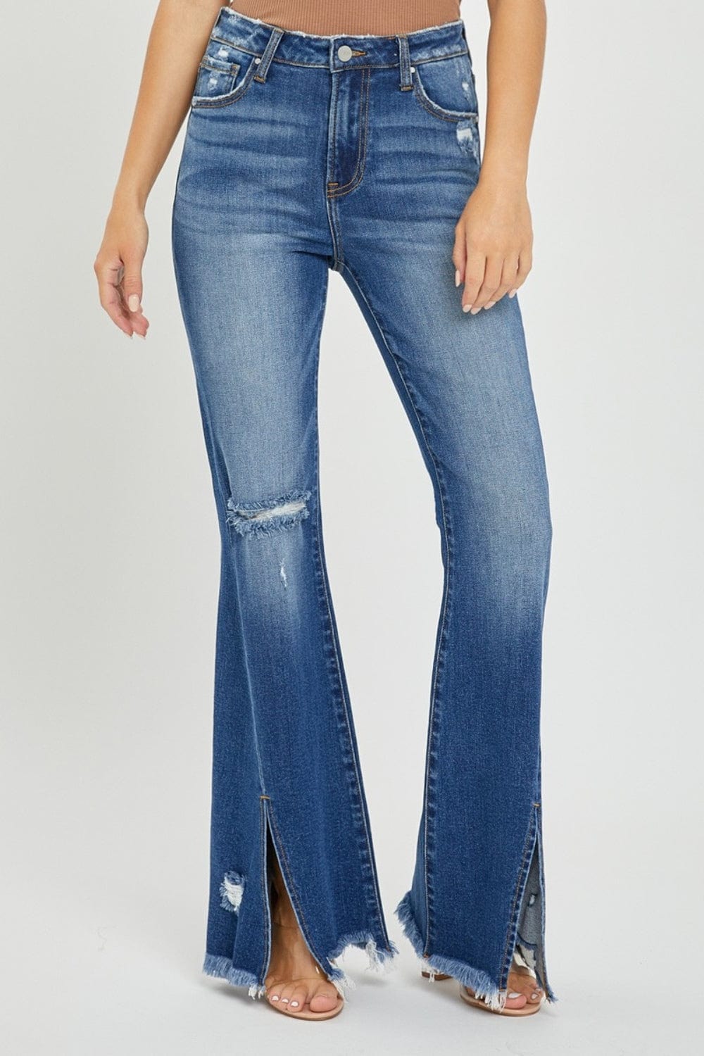 RISEN Full Size High Rise Front Slit Frayed Hem Flare Jeans - Trendsi