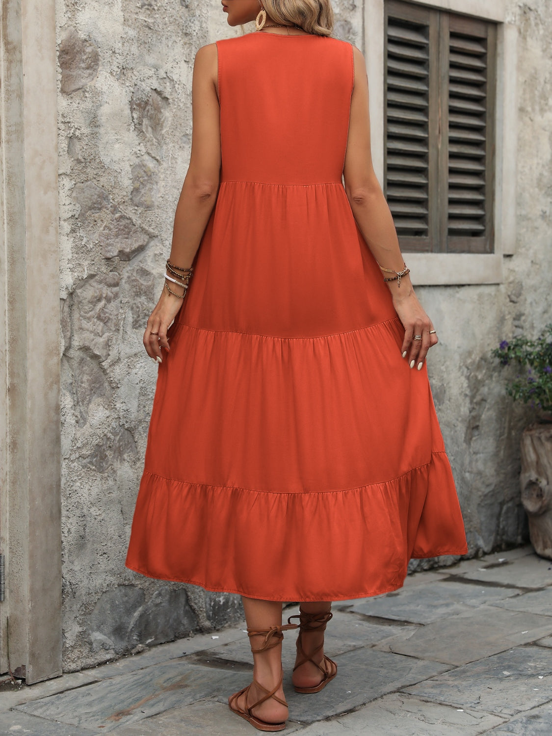 Decorative Button Notched Sleeveless Dress Trendsi