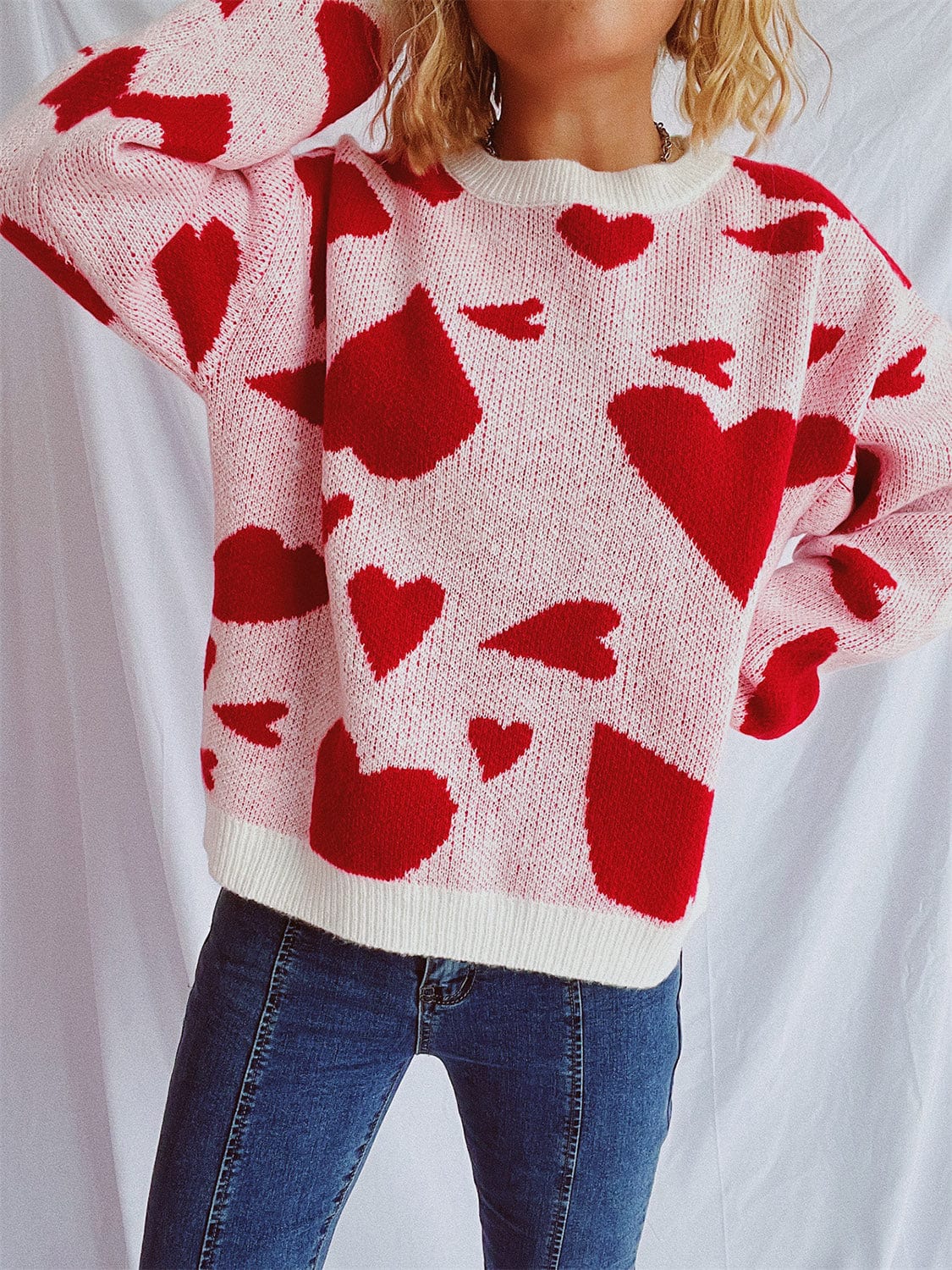 Heart Round Neck Long Sleeve Sweater - Trendsi