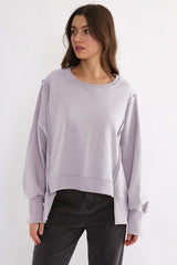 Exposed Seam High-Low Long Sleeve Sweatshirt - Trendsi