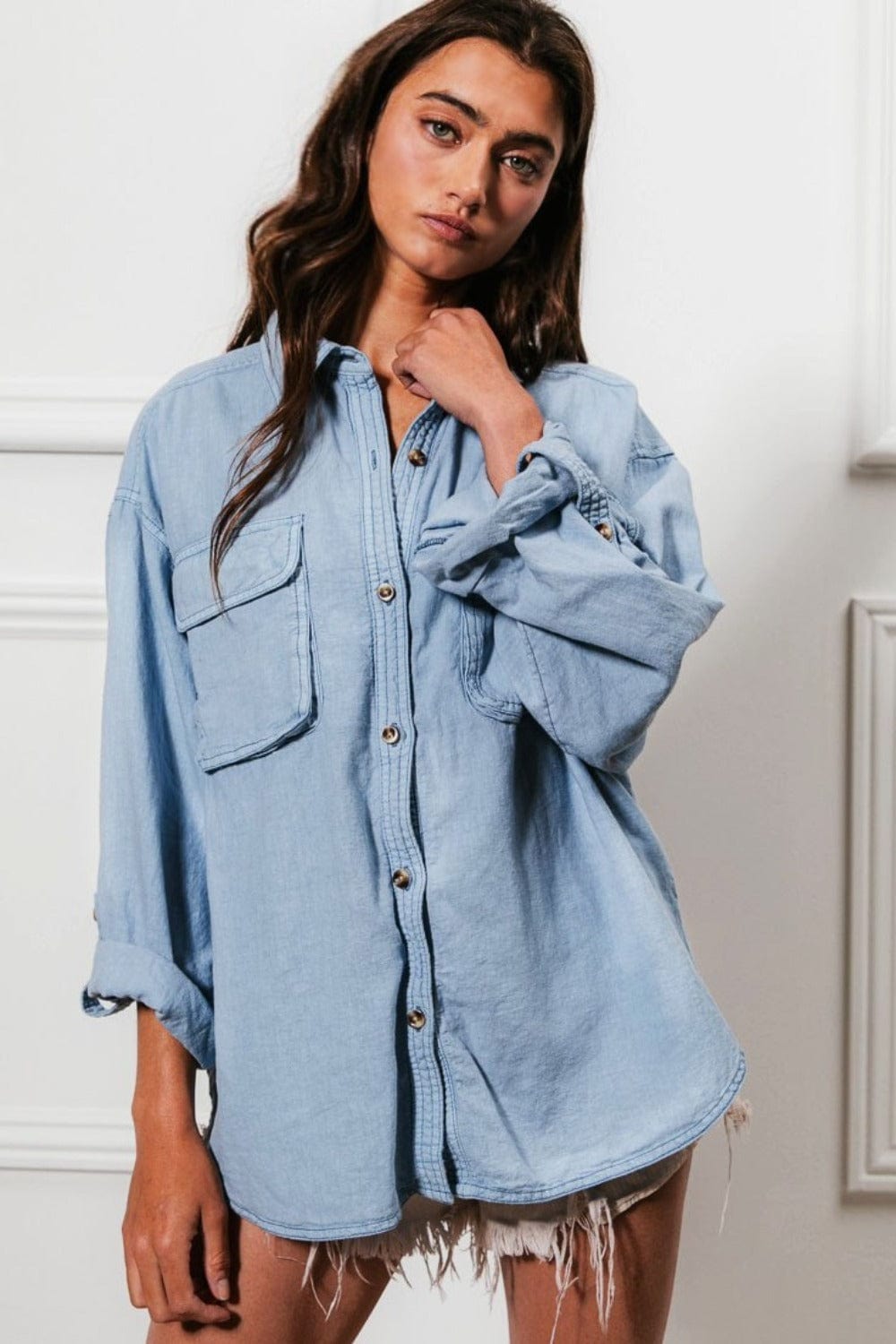 BiBi Button Down Stitch Detail Shirt with Chest Pockets - Trendsi