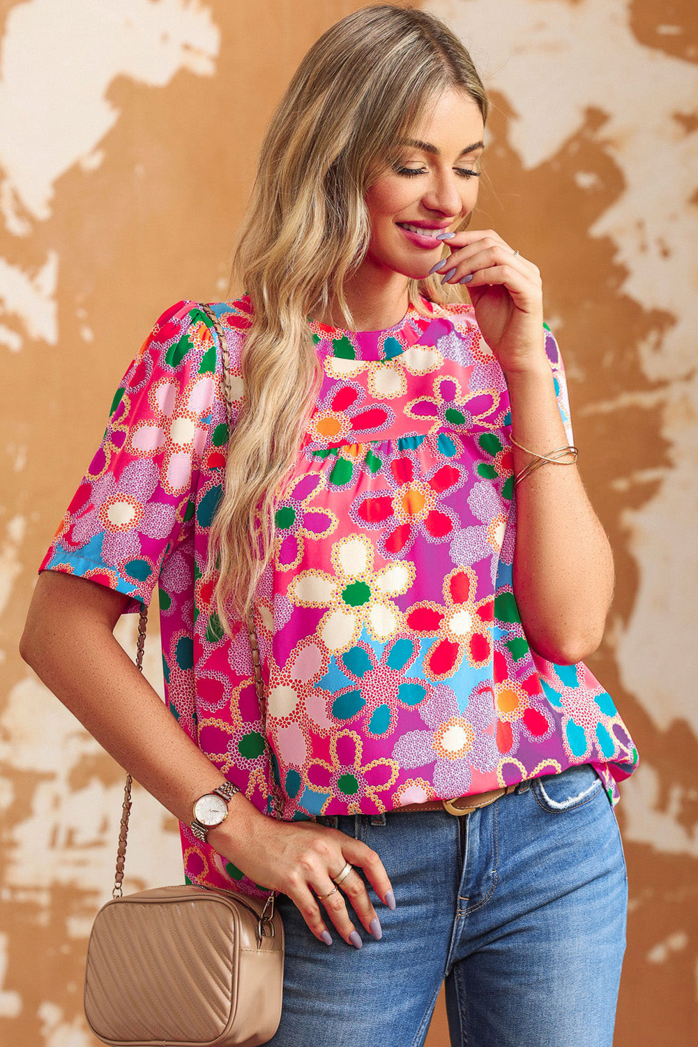 Tied Printed Round Neck Half Sleeve Blouse - Flyclothing LLC