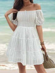 Smocked Eyelet Off-Shoulder Mini Dress - Flyclothing LLC