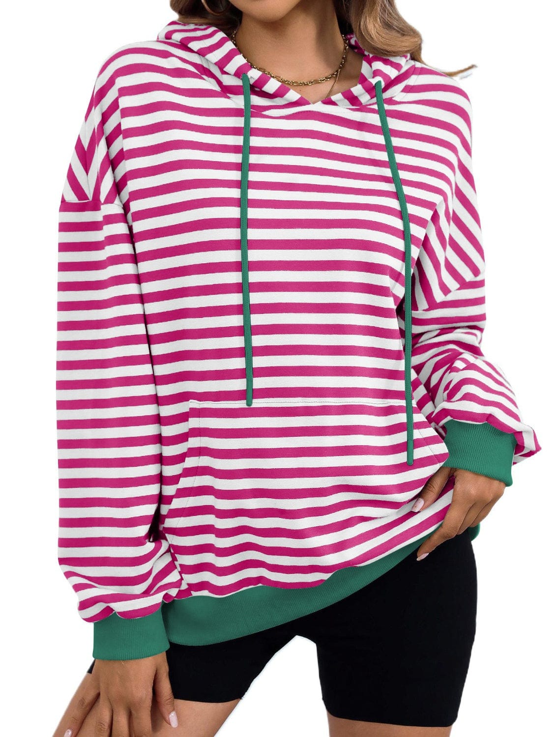 Drawstring Striped Long Sleeve Hoodie - Trendsi