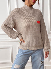 Heart Turtleneck Dropped Shoulder Long Sleeve Sweater - Trendsi