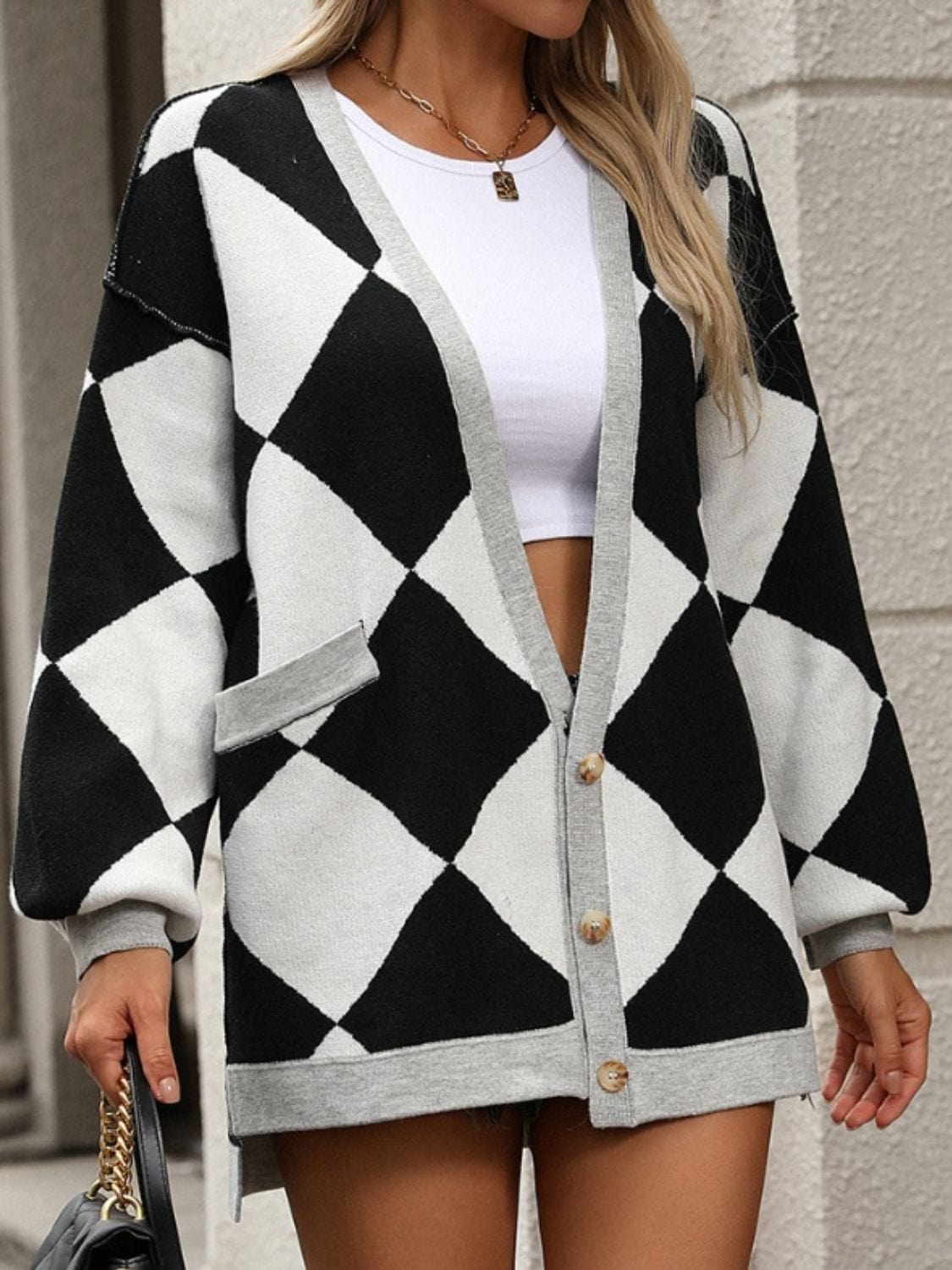 Checkered Dropped Shoulder Long Sleeve Cardigan - Trendsi